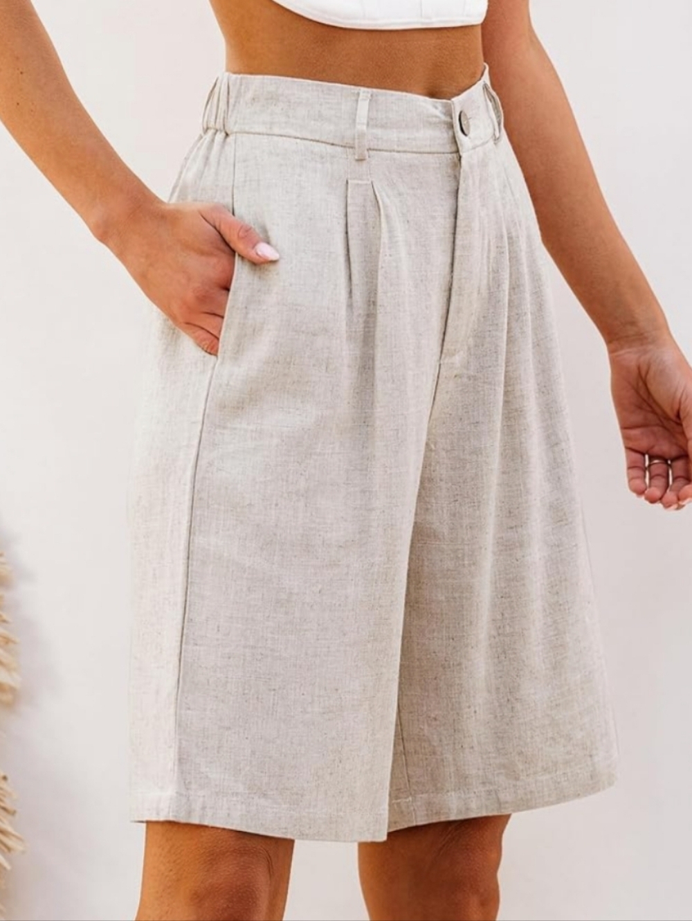 luvamia Bermuda Shorts for Women High Waisted Linen Casual Pleated Wide Leg